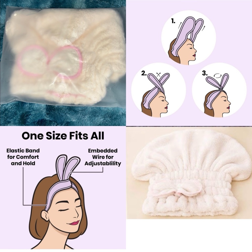 Hair Towel Off White Microfiber & Twist Bunny Spa Makeup Headband Light Blue